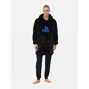Primark PlayStation Robe Mens Medium Black Fleece Oversized Gamer Blanket Hoodie